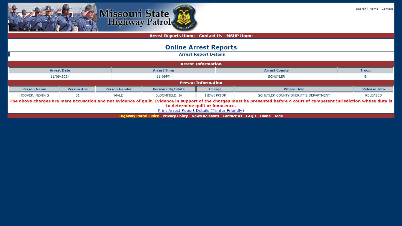 Missouri State Highway Patrol - Arrest Report Details